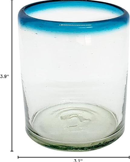 Aqua Blue Rim 10 oz Tumbler Glasses (set of 6) Mexican Handmade Glassware, Recycled Glass, Lead-free, Toxin-Free (Tumbler)