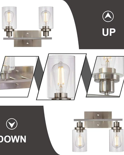 MELUCEE Metal Wall Lights with Clear Glass Shade 2 Heads Bathroom Light Fixtures Brushed Nickel Modern Vanity Lights Sconces for Hallway Bedroom Kitchen (Patent No.: US D963914 S)