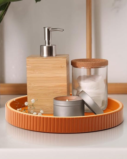 SANZIE Leather Tray Desktop Storage Organizer - Premium Serving & Decorative Tray for Sundries, Cosmetics, Phone, Wallet & Cutlery - Circle, Orange