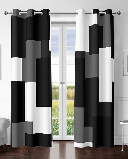 Black Grey 100% Blackout Curtains for Bedroom 84 inch Length 2 Panels Set White Grey Modern Abstract Geometric Black Out Curtains Insulated Room Darkening Window Drapes for Living Room, 42Wx84L