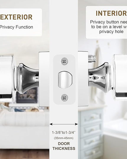 Polished Chrome Door Knobs Interior, Privacy Crystal Glass Door Knobs with Lock for Bathroom Bedroom