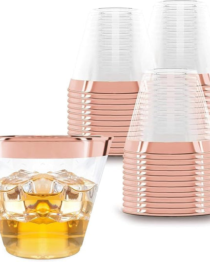 Prestee 100 Rose Gold Plastic Cups - Rose Gold Plastic Cups 9 oz - Party Decorations - Disposable Wine Cup - Clear Cup - Bulk Party Wine Glasses