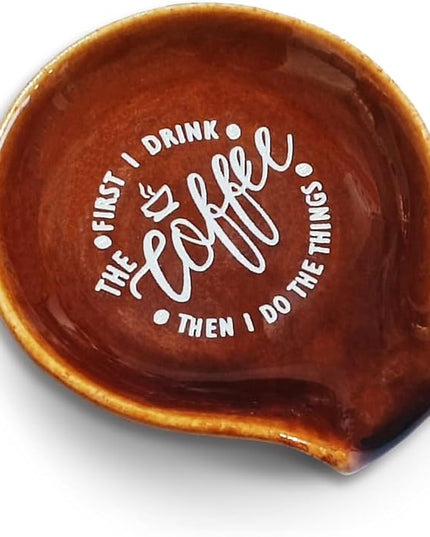 Funny Coffee Quote First I Drink The Coffee Then I Do The Things Ceramic Spoon Holder-Brown Coffee Spoon Rest -Cafe Station Bar Accessories