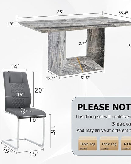 Dinner Table Set for 4, 5 Piece Dining Table Set with Chairs, 63" Faux Marble Modern Table with 4 PU Leather Upholstered Chairs, for Kitchen & Dining Room