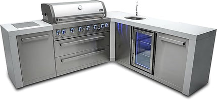 Mont Alpi MAi805-D90BEV L-shaped 6-Burner 115000 BTU Premium Deluxe Modular Stainless Steel Outdoor Kitchen Island BBQ Gas Grill + Beverage Center + Granite Countertops + Grill Cover + Rotisserie Kit
