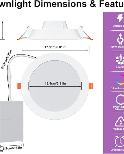 Smart Recessed Lighting 6 Inch RGBCW Color Changing 16W LED Downlight with Junction Box,1350 Lumen Recessed Ceiling Light Compatible with Alexa,Dimmable by Bluetooth Control -6Pack