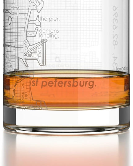 Well Told Engraved St. Petersburg Florida Map Rocks Glass, Old Fashioned Glassware (11 oz, Clear) Etched Bourbon Tumbler, Gifts For Whiskey Lovers