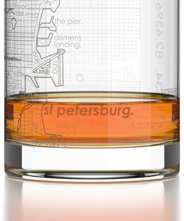 Well Told Engraved St. Petersburg Florida Map Rocks Glass, Old Fashioned Glassware (11 oz, Clear) Etched Bourbon Tumbler, Gifts For Whiskey Lovers