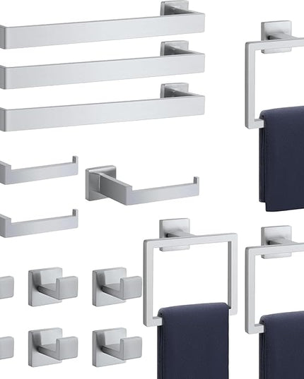 Bathroom Accessories Towel Bar Set: 15 Pieces Brushed Nickel Square Bathroom Hardware SUS304 Stainless Steel - Wall Mounted Towel Rack&Toilet Paper Holder&Towel Ring and Towel Hook