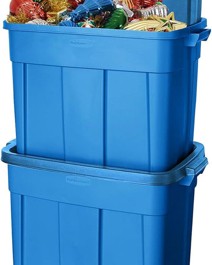 Rubbermaid Roughneck Tote 18 Gal, 6 Pack, Made in USA, Heritage Blue, Rugged Plastic Stackable Storage Bins with Lids and Handles