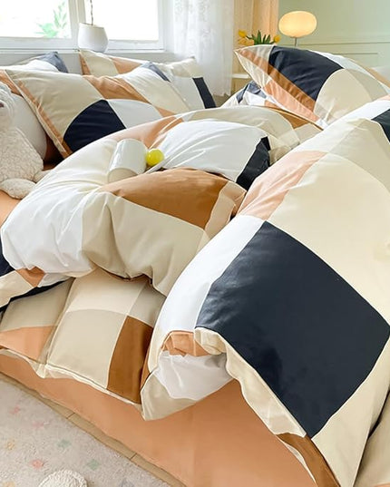 Hosueri White Beige Black Brown Cream King Plaid Comforter Set Men Women Warm Comfy Modern Multicolor Beige Orange Grid Bed Quilts Soft 3 Piece Distorted Checks Mosaic Dorm Bedding Sets King Blankets