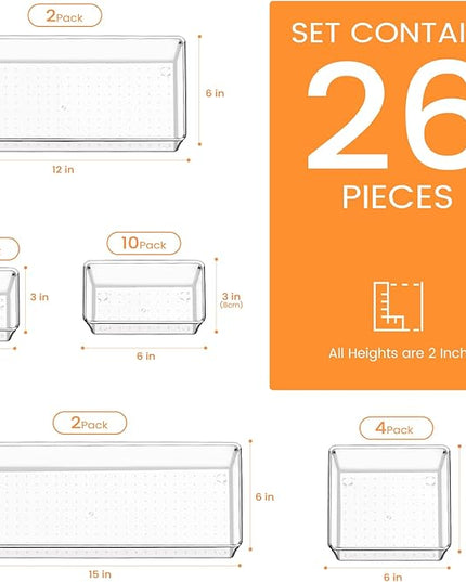 Criusia Drawer Organizer, 26 Pack Clear Plastic Drawer Organizer Bins, Versatile Organization and Storage Trays for Kitchen, Bathroom, Vanity Makeup and Office