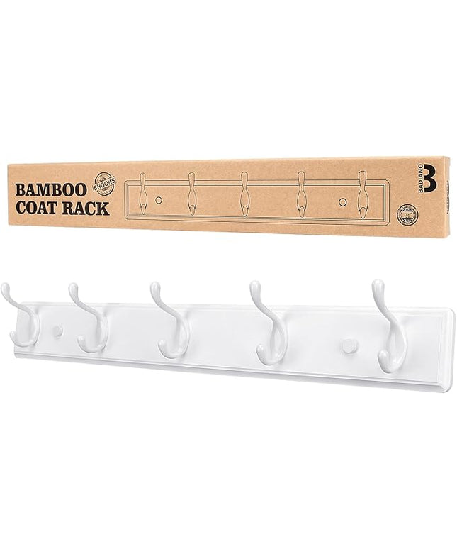 Wooden Coat Rack, Wall-Mounted Organizer for Closet, Entryway, Hallway, Foyer, Bedroom, Heavy Duty Double Hooks for Hanging Towels, Bags, Hats, Jackets, Key (White, 5 Hooks)