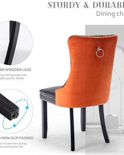 SoarFlash Leather Dining Chairs Set of 8, Tall Back Side Chair, Modern Upholstered Side Chair with Button Back Ring, Solid Wood Legs (Black&Orange)