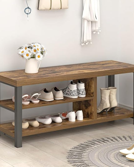 EXCEFUR Shoe Bench, Modern Wood Storage Bench for Entryway Hallway, Industrial Indoor Shoe Rack Bench Seat for Living Room Bedroom, 43.3 Inch Rustic Brown