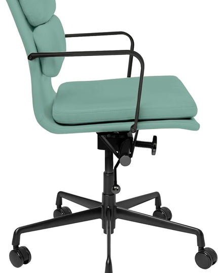 Laura Davidson Furniture SOHO II Padded Management Office Chair - Mid Back Desk Chair with Arm Rest, Swivel & Cushion Availability, Made of Faux Leather, Sage Green with Black Frame, Computer Chair
