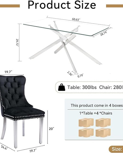 60" Glass Dining Table Set for 4, Modern Dining Room Table Set for 4, Silver X-Shape Pedestal Glass Table with 4pcs Black Dining Chairs, 5 Piece Dining Set for Dining Living Room