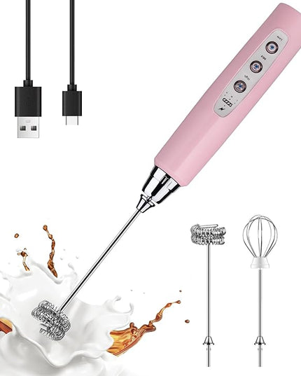 YUSWKO Pink Milk Frother Handheld with 3 Heads, Coffee Whisk Drink Foam Mixer with USB Rechargeable 3 Speeds, Electric Hand Frother for Latte, Cappuccino, Hot Chocolate, Egg