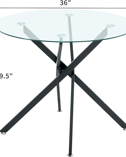 36" Round Glass Dining Table Modern Kitchen Glass Top Table for 4 with Black Metal Legs, Clear Dining Table Kitchen Table for Home Office Dining Room