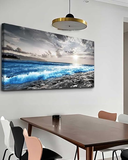 Hyidecorart Framed Canvas Wall Art - Large Size Decor for Office, Living Room, Bedroom - Blue Ocean, Black & White Modern Pictures