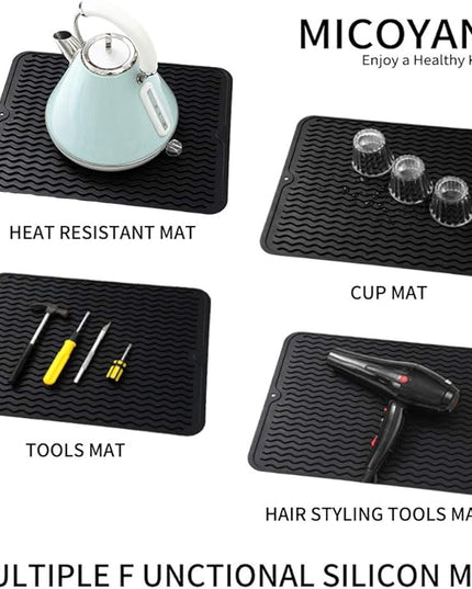 Silicone Dish Drying Mat for Multiple Usage,Easy clean,Eco-friendly,Heat-resistant Silicone Mat for Kitchen Counter or Sink,Refrigerator or drawer liner Black L 16 inches x 12 inches