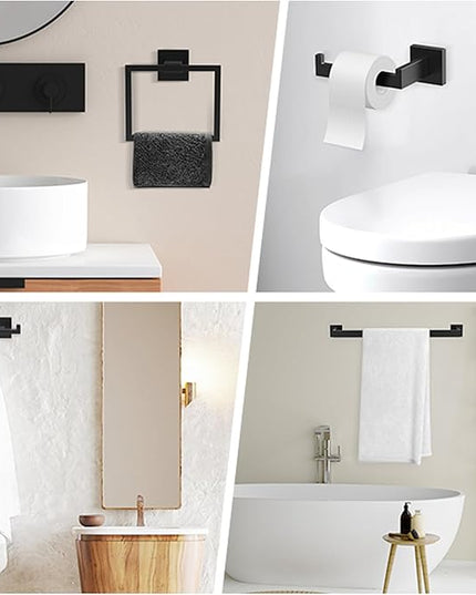 BOZWELL 5 Pieces Matte Black Bathroom Hardware Accessories Set Square Towel Racks for Bathroom 23.6 inch Stainless Steel Towel Bar Set Wall Mounted