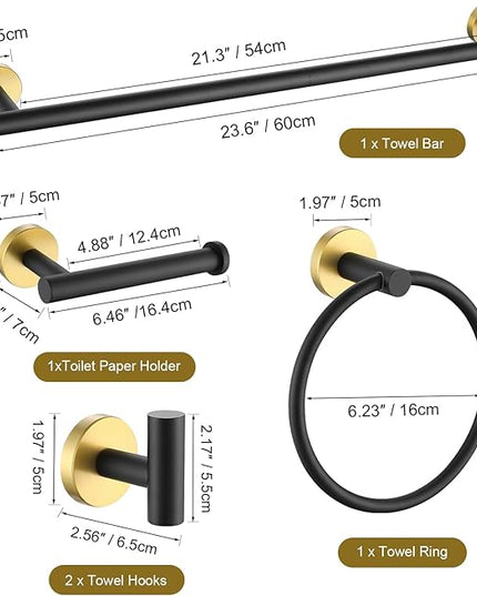 TURS Black and Gold Bathroom Hardware Set 5 Piece, SUS304 Stainless Steel Gold Black Towel Bar Set, 24 Inch Bathroom Accessories Kit Wall Mounted