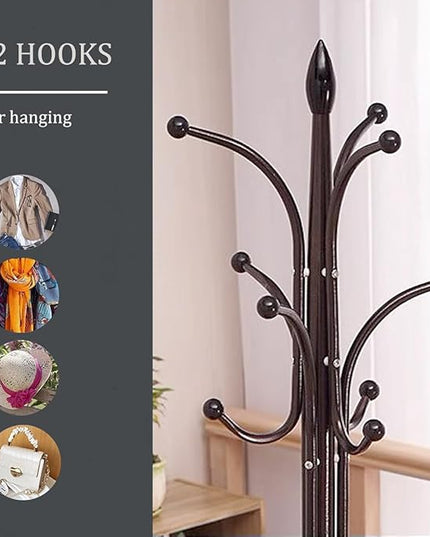 Kertnic Metal Coat Rack Stand with Natural Marble Base, Free Standing Hall Tree with 12 Hooks for Hanging Scarf, Bag, Jacket, Home Entry-way Hat Hanger Organizer (Bronze)
