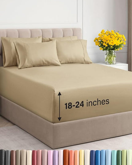 Extra Deep King Sheet Set - 6 Piece Breathable and Cooling Sheets - Hotel Luxury Bed Sheets Set - Easy & Secure Fit - Soft, Wrinkle Free and Comfy Sheets Set - Beige Sheet Set with Extra Deep Pockets