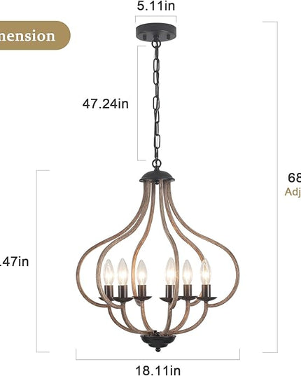 18‘’ Wood Farmhouse Chandelier, 6-Light Vintage Rustic Oak Brown Pendant Lights for Kitchen Island Lighting for Hallway Entryway Foyer Living Room Bedroom