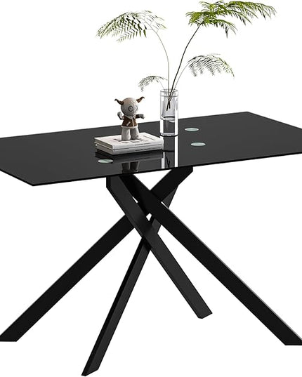 HomVent 5 Pieces Rectangular Glass Dining Table Set, Black Glass Dining Table for 4 Kitchen Table Set with 4 PU Dining Chairs for Kitchen Dining Room