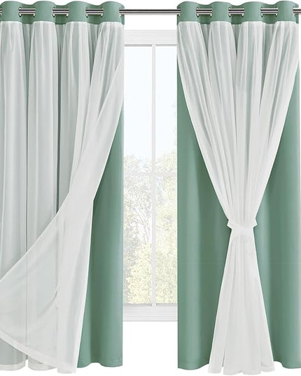 Hiasan Light Sage Green Blackout Curtains with Sheer Overlay, Thermal Insulated Privacy Mix & Match Double Layer Window Curtains for Girls Bedroom, Living Room, 2 Drape Panels with Tiebacks, 52W X 63L