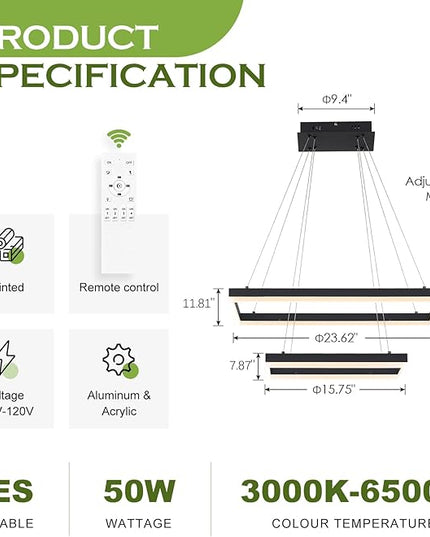 2 Rings Modern LED Chandelier Black 23.6inch Rectangle Dimmable LED Pendant Light with Remote Control 2 Tier Flush Mount High Ceiling Light for Dining Living Room Foyer(3000K-6500K, H59)