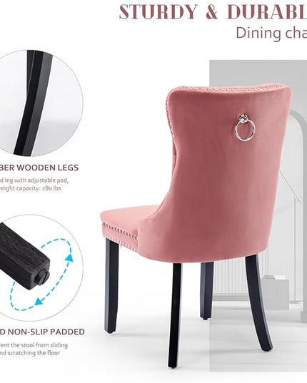 SoarFlash Velvet Dining Chairs Set of 2, Tall Back Side Chair, Modern Upholstered High-end Tufted Side Chair with Button Back Ring, Solid Wood Legs (Pink)