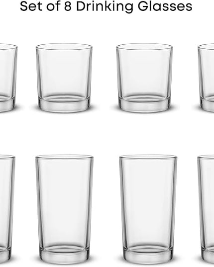 JoyJolt Alain Drinking Glasses Set of 8 Glass Tumblers. Highball 14oz Bar Glasses and Lowball 10oz Rocks Glasses Set. Cocktail, Juice, Whiskey Glasses or Water Glasses. Kitchen or Bar Glassware Set