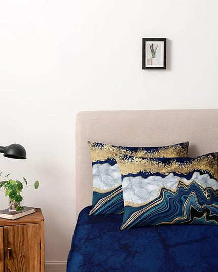 Royal Blue Marble Duvet Cover Set Twin Size Sequin Gold Bedding Comforter Covers with 2 Pillow Shams Breathable Durable Soft Comfy