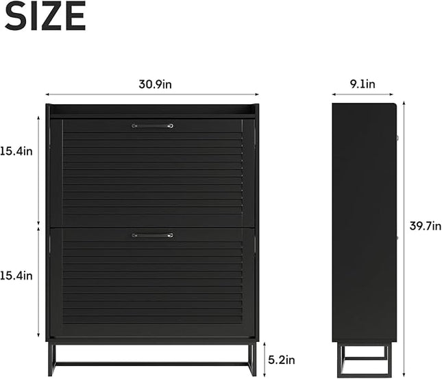 Maupvit Shoe Storage Cabinet with 2 Flip Louvered Doors, Freestanding Organizer with Metal Legs, Shoe Cabinet for Entryway, Narrow Shoe Rack Cabinet, Black