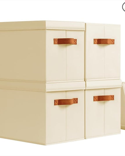 Storage Bins with Lids - Fabric Storage Baskets for Shelves, 4 Pack Foldable Decorative Boxes with Handles, Stackable Organizer Bins for Home, Nursery, Dorm, Beige