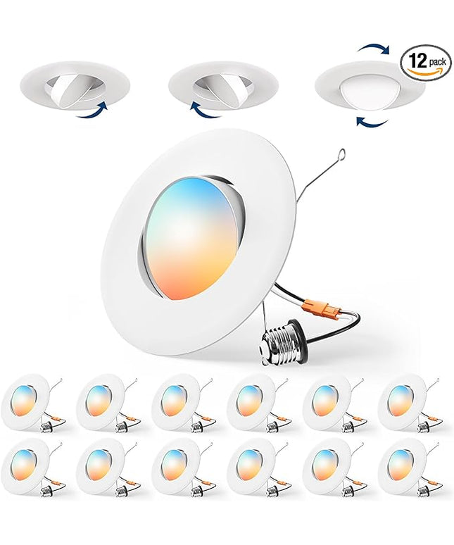 Amico 12 Pack 6 Inch Retrofit Eyeball Gimbal Can Lights, Adjustable Eyeball Directional 5CCT LED Recessed Lights, Dimmable, 2700K/3000K/3500K/4000K/5000K Selectable, 7W 650LM, ETL&FCC