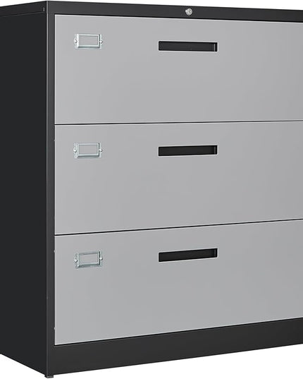 Letaya File Cabinet with Lock-Lateral 3 Drawer Metal Filing Cabinets-Organization Storage for Home Office-Hanging Letter/Legal/F4/A4 Size (Grey Black)