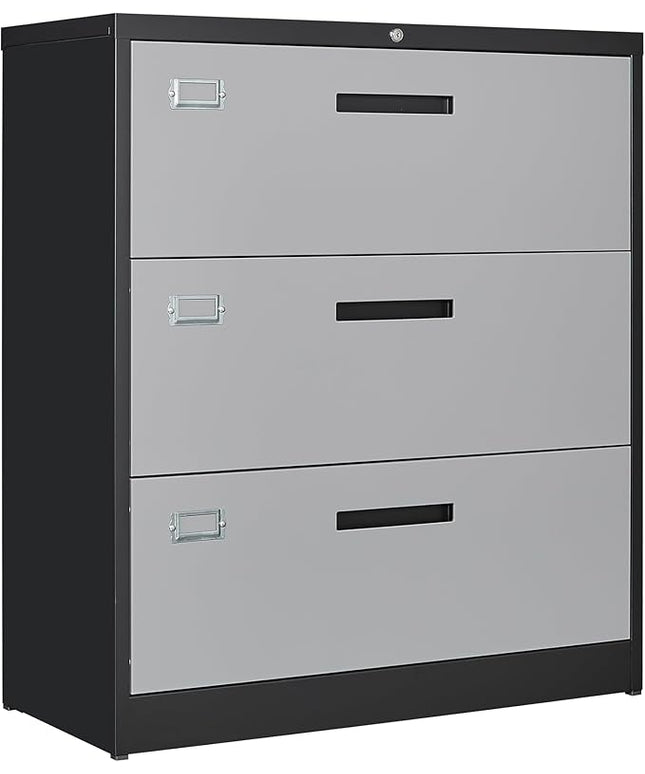 Letaya File Cabinet with Lock-Lateral 3 Drawer Metal Filing Cabinets-Organization Storage for Home Office-Hanging Letter/Legal/F4/A4 Size (Grey Black)