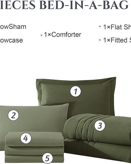 Monbix Twin XL Size Comforter Set - Extra Long 5 Pieces Dorm Bedding Sets, Quilting Design Fluffy Bed in a Bag Twin XL with Sheets, Pillowcase & Sham(Olive Green)