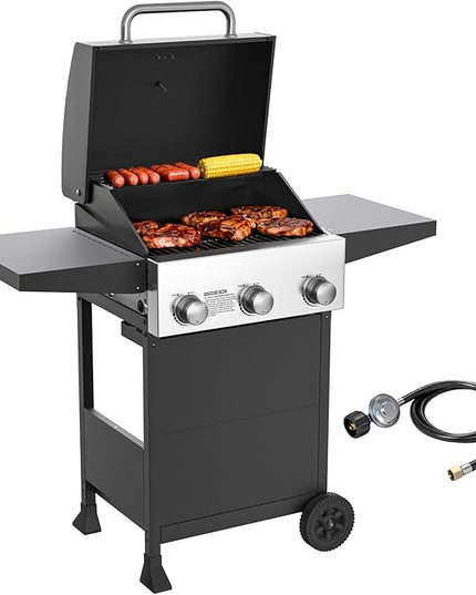 Veralune 3 Burner Propane Gas Grill, 36,000 BTU Stainless Steel Outdoor BBQ Grill with Built-In Thermometer, Lid, Foldable Side Shelves & Wheels for Patio, Garden & Backyard Cooking
