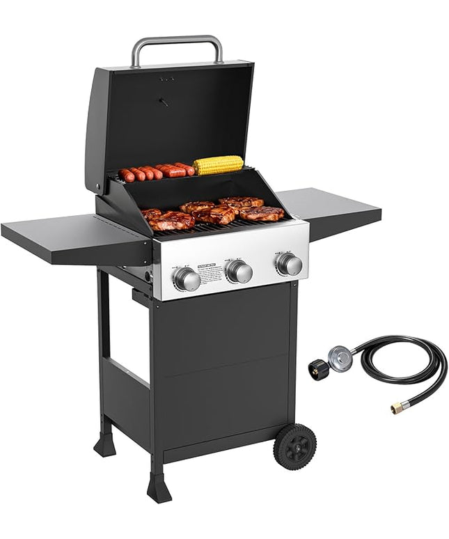 Veralune 3 Burner Propane Gas Grill, 36,000 BTU Stainless Steel Outdoor BBQ Grill with Built-In Thermometer, Lid, Foldable Side Shelves & Wheels for Patio, Garden & Backyard Cooking