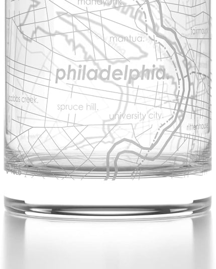 Well Told Engraved Philadelphia Pennsylvania Map Rocks Glass, Old Fashioned Whiskey Glass (11 oz, Clear) Etched Whiskey Glass, Gifts For Whiskey Lovers