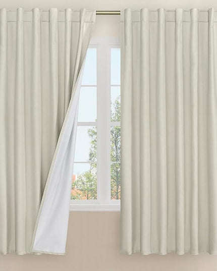 LAMIT 100% Blackout Natural Linen Curtains, 68 Inches Linen Textured Thermal Bedroom Curtains Back Tab and Rod Pocket Neutral Panels with White Liner for Farmhouse, 2 Panels, 52 x 68 Inch, Stone