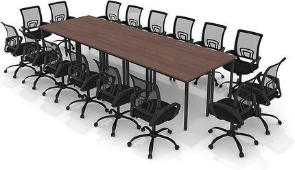 Bonzy Home Conference Table Chairs Set 14FT, 165"x47.2"x29.5" Tables & 16pcs Chairs Set for Conference Room Meeting Room Office, Walnut