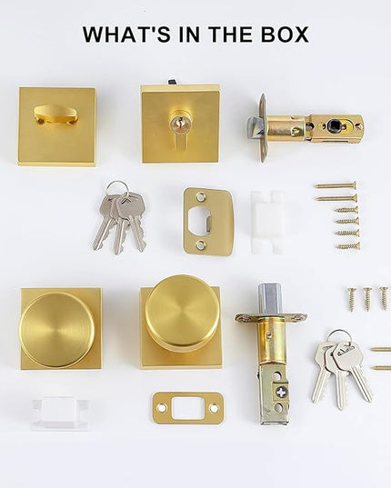 Gold Round Exterior Door Knob with Single Cylinder Deadbolt Lock Set, Fits Standard US Size Doors, Easy To Install, Deadbolt Lock for Left or Right Handed Use