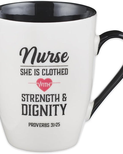 Christian Art Gifts Inspirational Ceramic Coffee & Tea Scripture Mug for Women Nurses: Strength & Dignity Encouraging Proverb, Microwave/Dishwasher Safe Novelty Cup, Cute Heart, White & Black, 12 oz.
