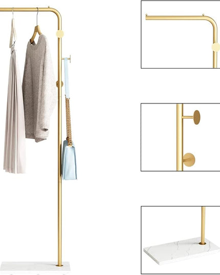Gold Coat Rack with White Base, Freestanding Entryway Rack with 3 Hooks, L Shape Home Coat Hanger for Jackets, Hats, Clothes